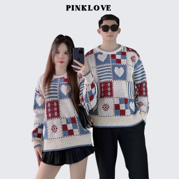 Đồ đôi mùa đông áo len nam nữ unisex hàn quốc form rộng PINKLOVE cổ tròn hoạ tiết thổ cẩm trái tim P049