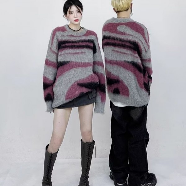 Kyushuad Áo sweater Dáng Rộng Phối Màu Tương Phản Kiểu retro Mỹ Cho Các Cặp Đôi
