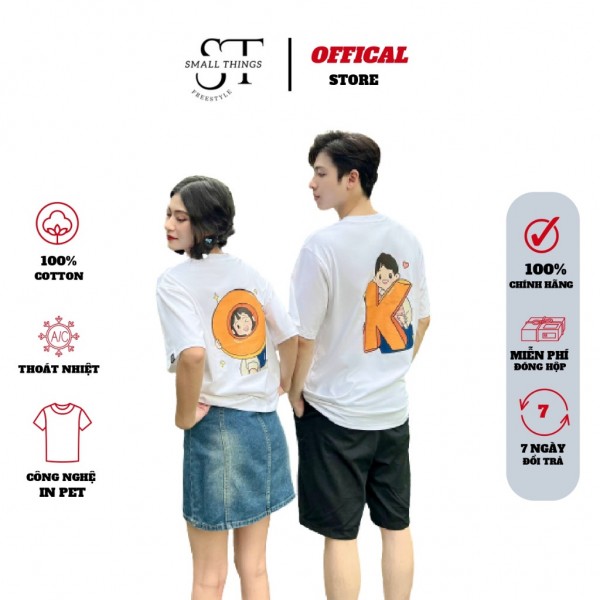 Áo cặp đôi nam nữ SMALL THINGS ST áo thun couple chất liệu 100% cotton 2 chiều cổ tròn tay lỡ 2 màu đen trắng chữ O và K