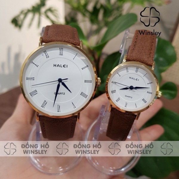 Đồng hồ đôi nam nữ dây da chính hãng Halei đeo tay cặp viền vàng chống nước thời trang