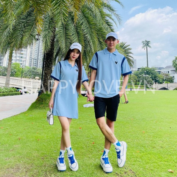 Set đồ đôi nam nữ couple Váy nữ Áo nam polo Hàn Quốc xanh dương HAPPYLOVE, Đồ cặp Đầm nữ Áo nam Quảng Châu cao cấp H024