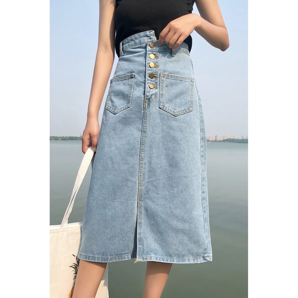 Chân Váy Bò Jeans Dáng Dài Lệch Khuy Ulzzang - Hàng Quảng Châu Loại 1
