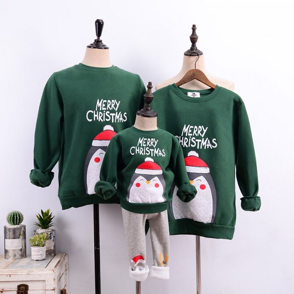 Áo gia đình Noel HappyFamily - Mẫu Sweater In Hình Chim Cánh Cụt Merry Christmas nỉ da cá Cotton Màu Xanh Rêu