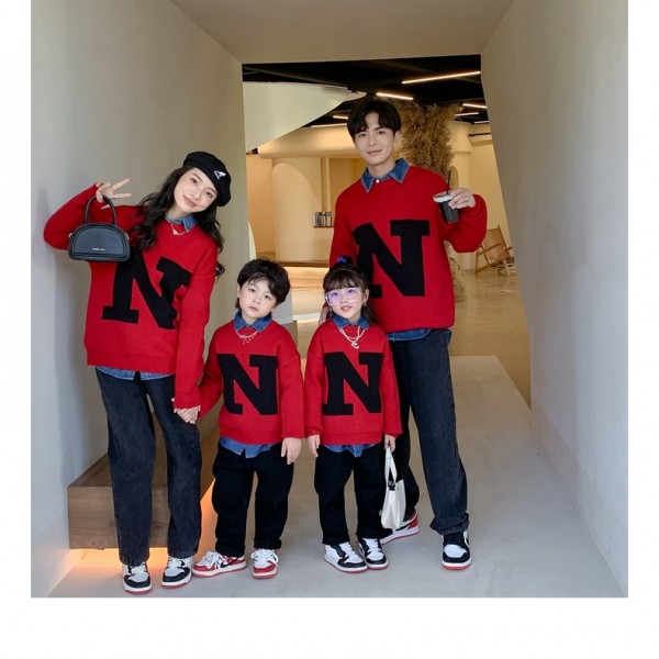 Áo gia đình Thu Đông HappyFamily - Mẫu Sweater In Chữ N Chất nỉ da cá Cotton Màu Đen,Đỏ