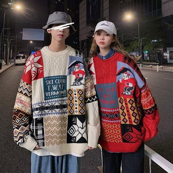 Magee Áo sweater Dệt Kim Phối Nhung Dày Dặn Giữ Ấm Phong Cách Hong Kong Cho Cặp Đôi