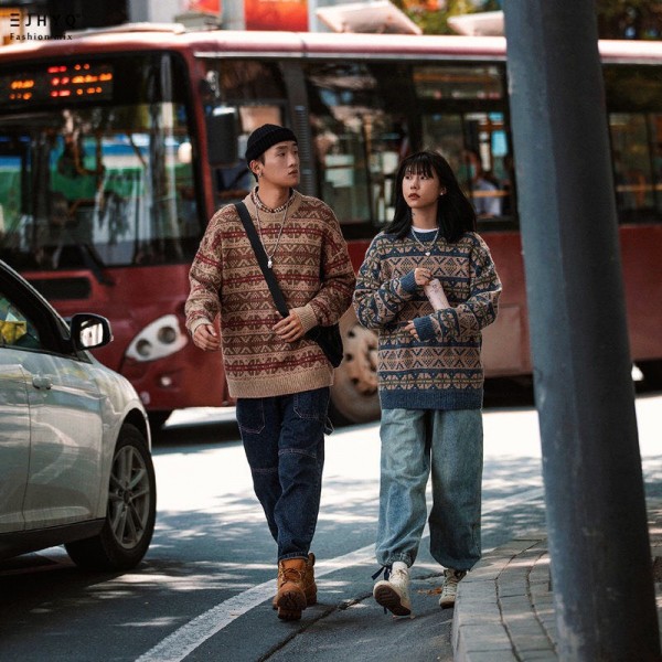 Áo len nam nữ unisex, áo len cổ tròn, áo len đôi họa tiết thổ cẩm cổ tròn form rộng, phong cách Hàn Quốc AL05 EL Nino