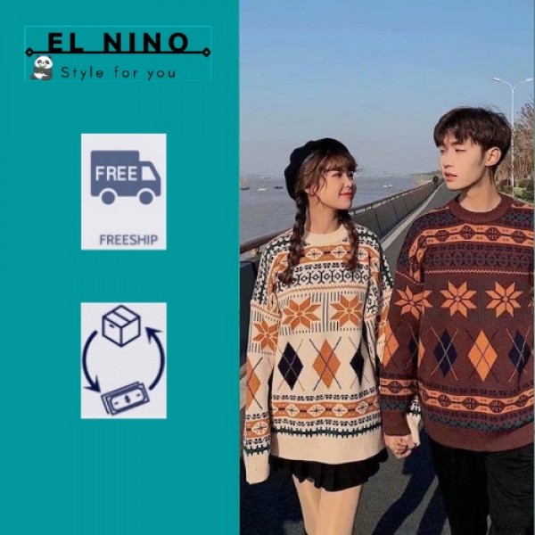 Áo len nam nữ unisex, cổ tròn, áo đôi họa tiết thổ cẩm Vintage form rộng, phong cách Hàn Quốc AL25 EL Nino