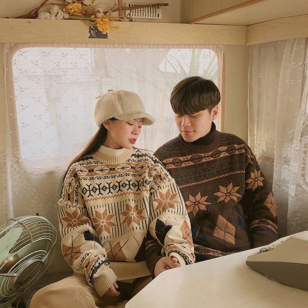 [J & N] Áo Sweater Dệt Kim Dáng Rộng Phong Cách Hong Kong Cổ Điển Thời Trang Thu Đông Hàn Quốc Dành Cho Cặp Đôi