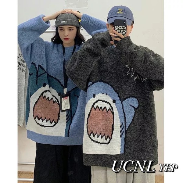UCNL Áo sweater Dệt Kim Cổ Thuyền Họa Tiết Cá Mập Hoạt Hình Phong Cách Hong Kong Hàn Quốc Cho Cặp Đôi