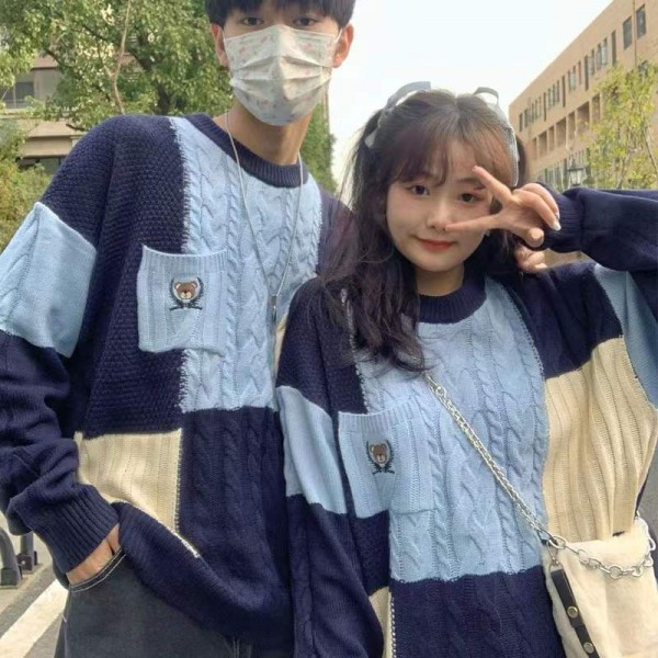 Áo Sweater Dệt Kim Tay Dài Cổ Thuyền Màu Tương Phản Thời Trang Thu Đông Phong Cách Hàn Quốc Cho Cặp