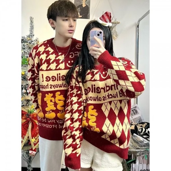 Áo sweater AOKANG dáng rộng màu đỏ phong cách lễ hội Giáng sinh Hàn Quốc giản dị cho sinh viên