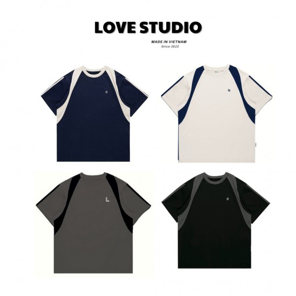 Áo phông local brand L66 Thun Nam Nữ Unisex Cotton 100% Retro Hàn Quốc phối màu xanh navi và kem cặp đôi người yêu A150
