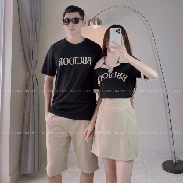 Bộ đồ đôi nam nữ couple set áo phông cặp màu đen in chữ chất đẹp Quảng Châu HAPPYLOVE H095