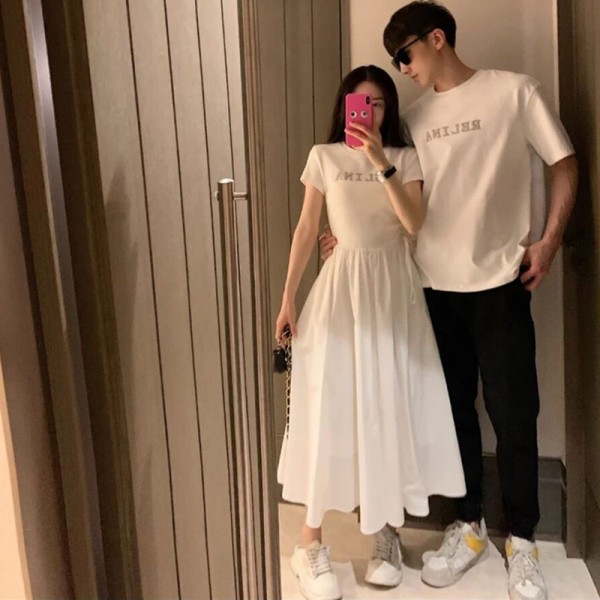 Đồ đôi nam nữ Set áo váy cặp màu trắng dáng dài chữ kim tuyến Quảng Châu cao cấp HAPPYLOVE H107