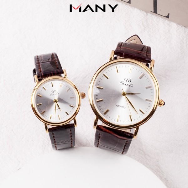 Đồng hồ đôi nam nữ QB dây da mặt tròn kiểu Quartz Nhật - Đồng hồ cặp đeo tay thời thượng ManYi