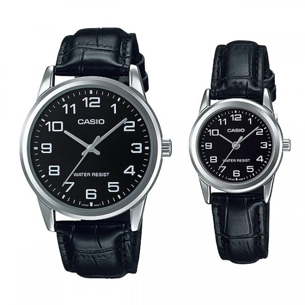 Đồng hồ đôi nam nữ dây da Casio Anh Khuê MTP/LTP V001L-1B