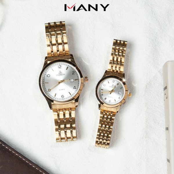 Đồng hồ cặp nam nữ OSHZRO dây kim loại vàng - Đồng hồ đôi kiểu dáng thời trang, mặt kính tròn MANY