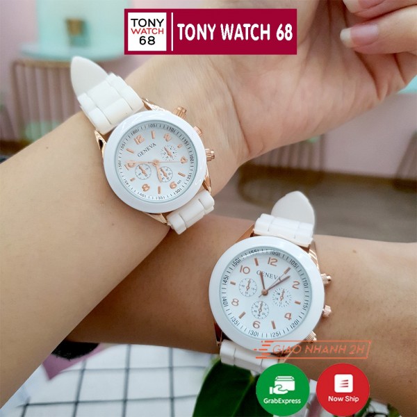 Đồng hồ cặp đôi nam nữ Geneva dây cao su trắng mặt kính cong độc đáo chính hãng Tony Watch 68