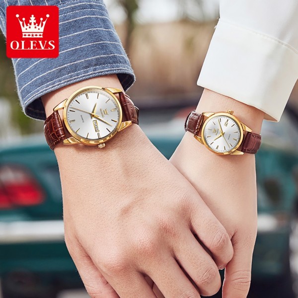 OLEVS Đồng hồ cặp đôi chính hãng mặt số dây da thời trang chống thấm nước dạ 6898