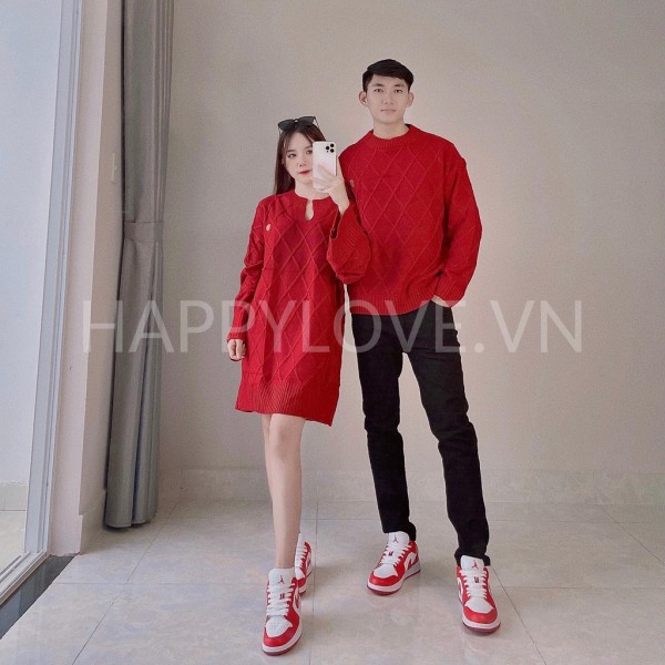 Set Áo len đôi nam nữ Quảng Châu form rộng màu Đỏ thêu Trái Tim HAPPYLOVE, Set Đồ Đôi Đầm nữ Áo nam đẹp rẻ Couple H025