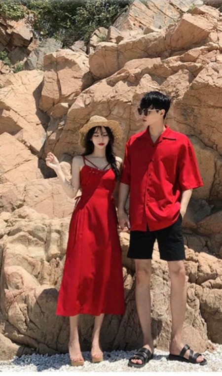 Set Áo váy đôi sơ mi CoupleTina họa tiết đi biển mềm mịn cao cấp - màu đỏ
